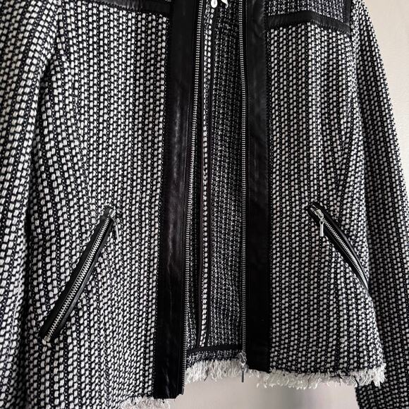 Rebecca Taylor Black and White Tweed Lamb Leather Trim Zip Jacket Blazer 4 - Picture 5 of 11